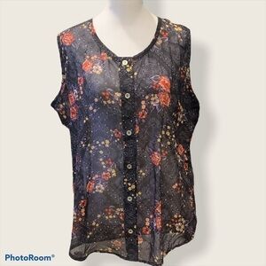 Panhandle Sheer Floral Sleeveless Button Down Blouse‎ -Sz Large- NWT